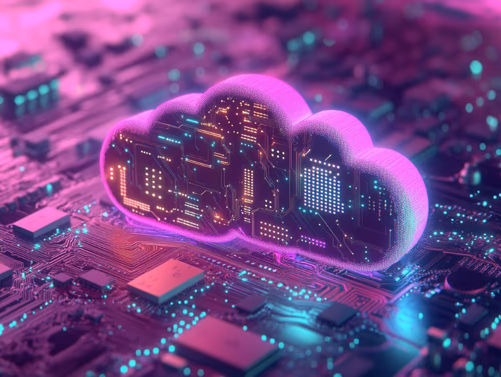 Digital cloud icon illuminated with neon lights, integrated into a computer circuit board
