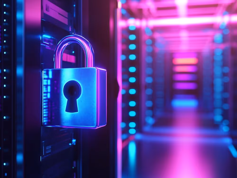 Large padlock on a server rack, representing data center security