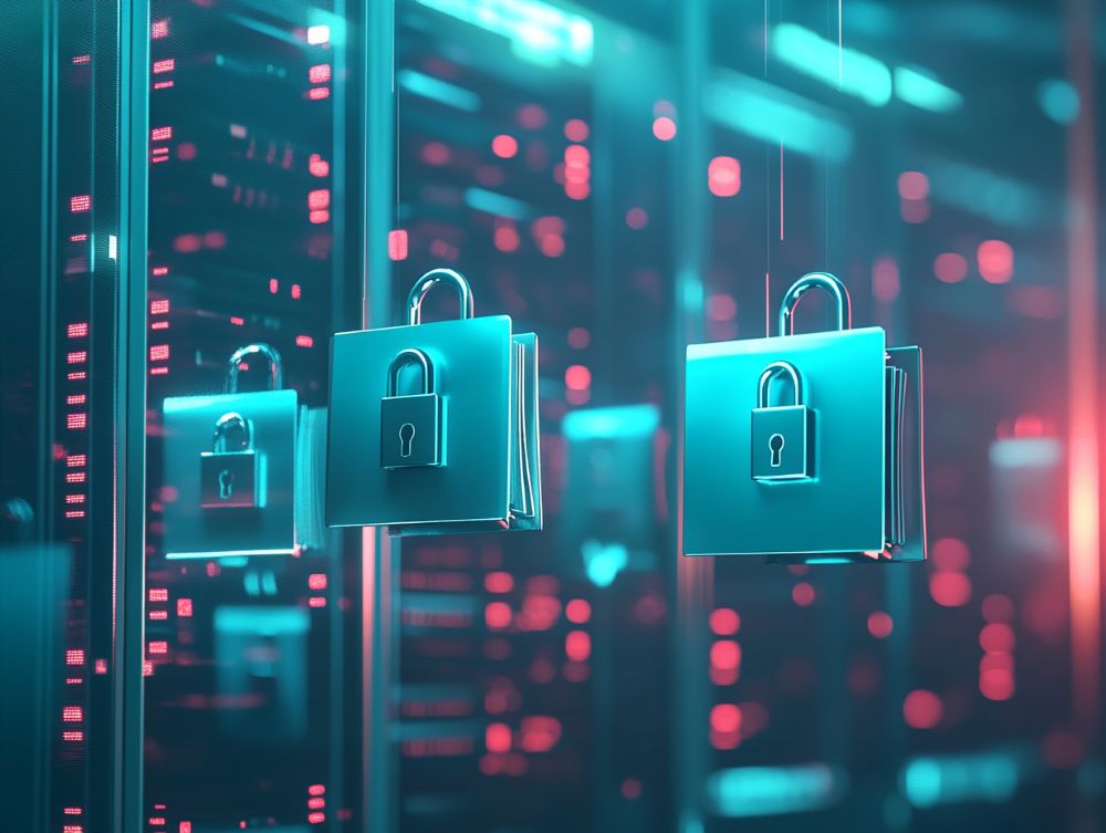 Image of several locks on a blue and pink background