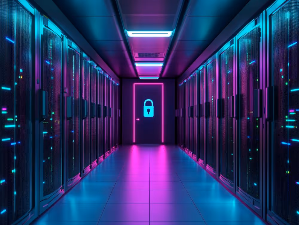 Image of a server room with a locked door at the end