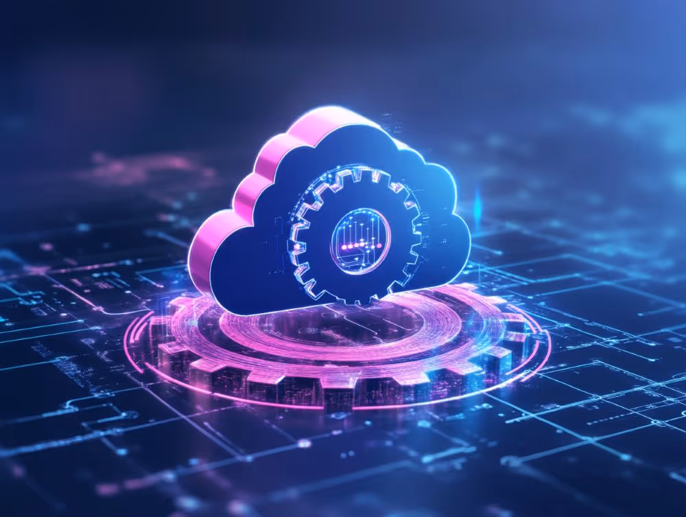 Technological rendering of a cloud with a gear in it