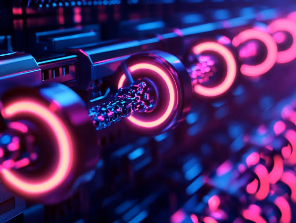 Glowing digital chain links connected by gears