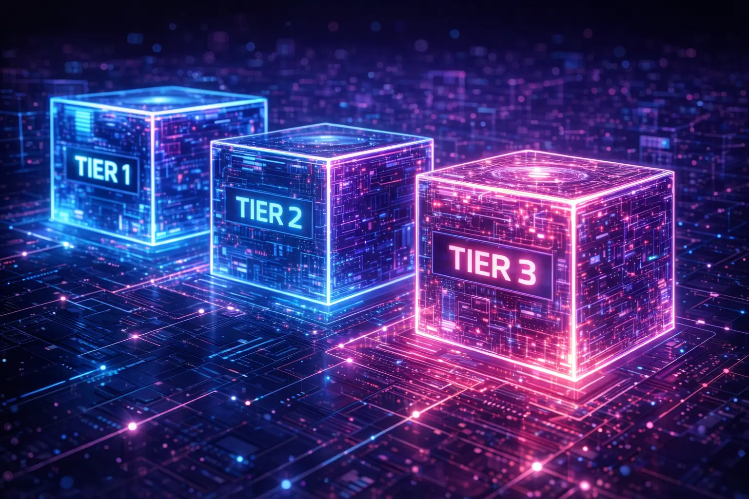 Three ascending glowing data vault cubes labeled Tier 1, Tier 2, and Tier 3 on a dark purple circuit board platform