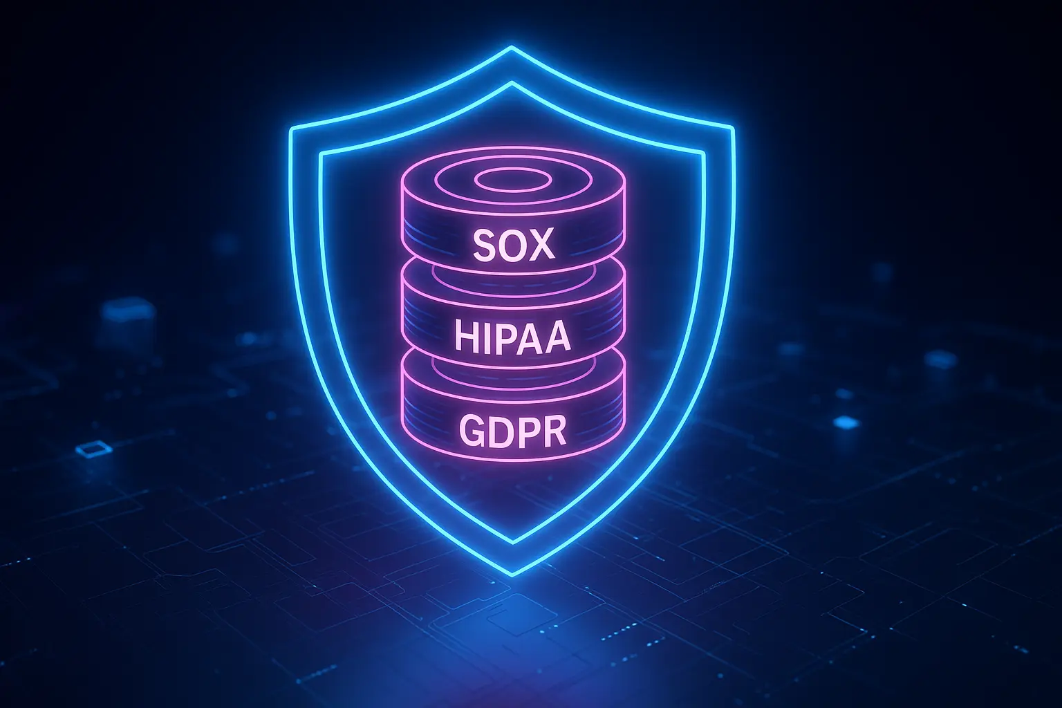 Glowing blue shield with pink server stacks labeled SOX, HIPAA, GDPR. The background is a dark digital circuit pattern, symbolizing data protection.