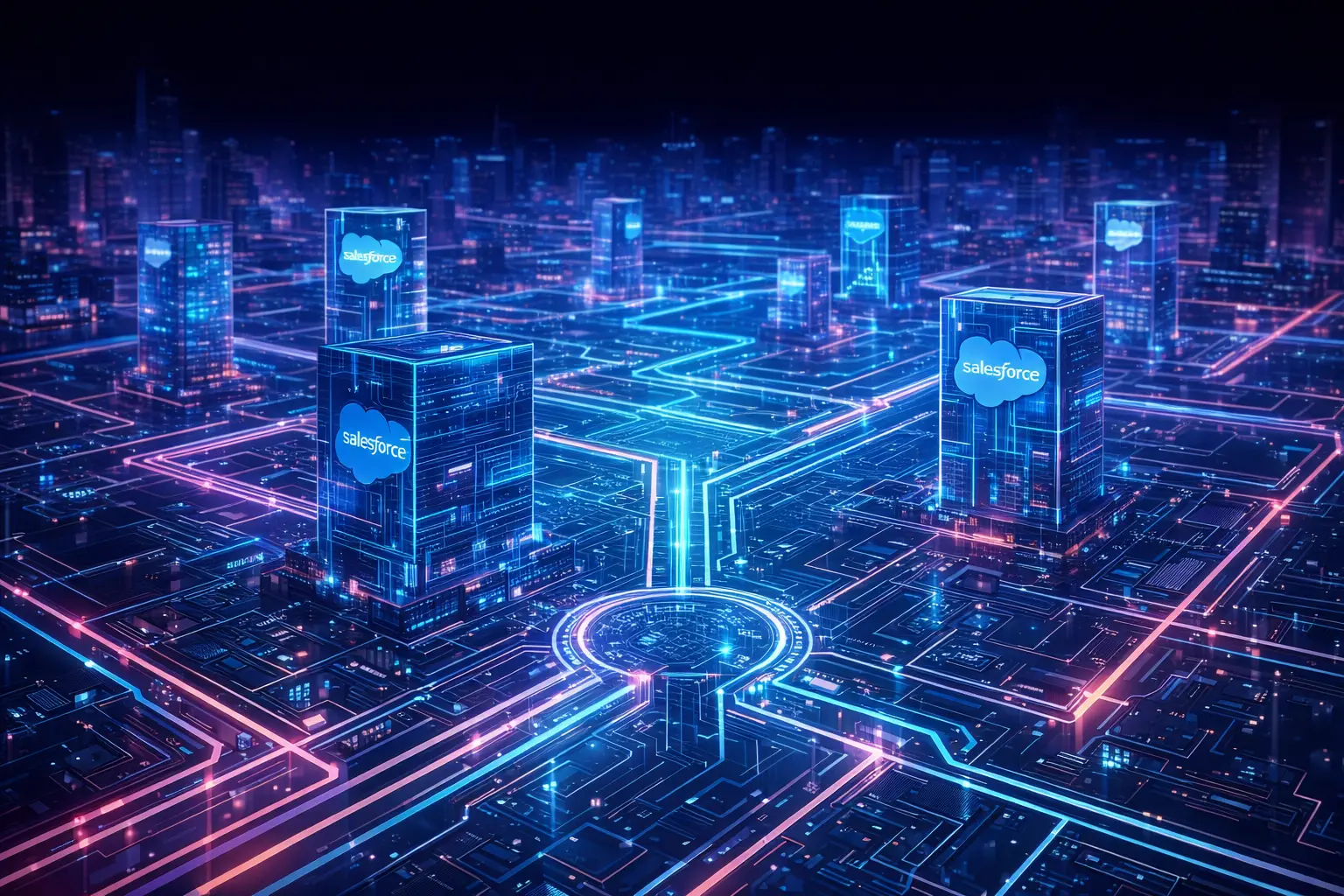 Futuristic cityscape with multiple Salesforce-branded towers connected by glowing blue and pink data pathways on a circuit board grid