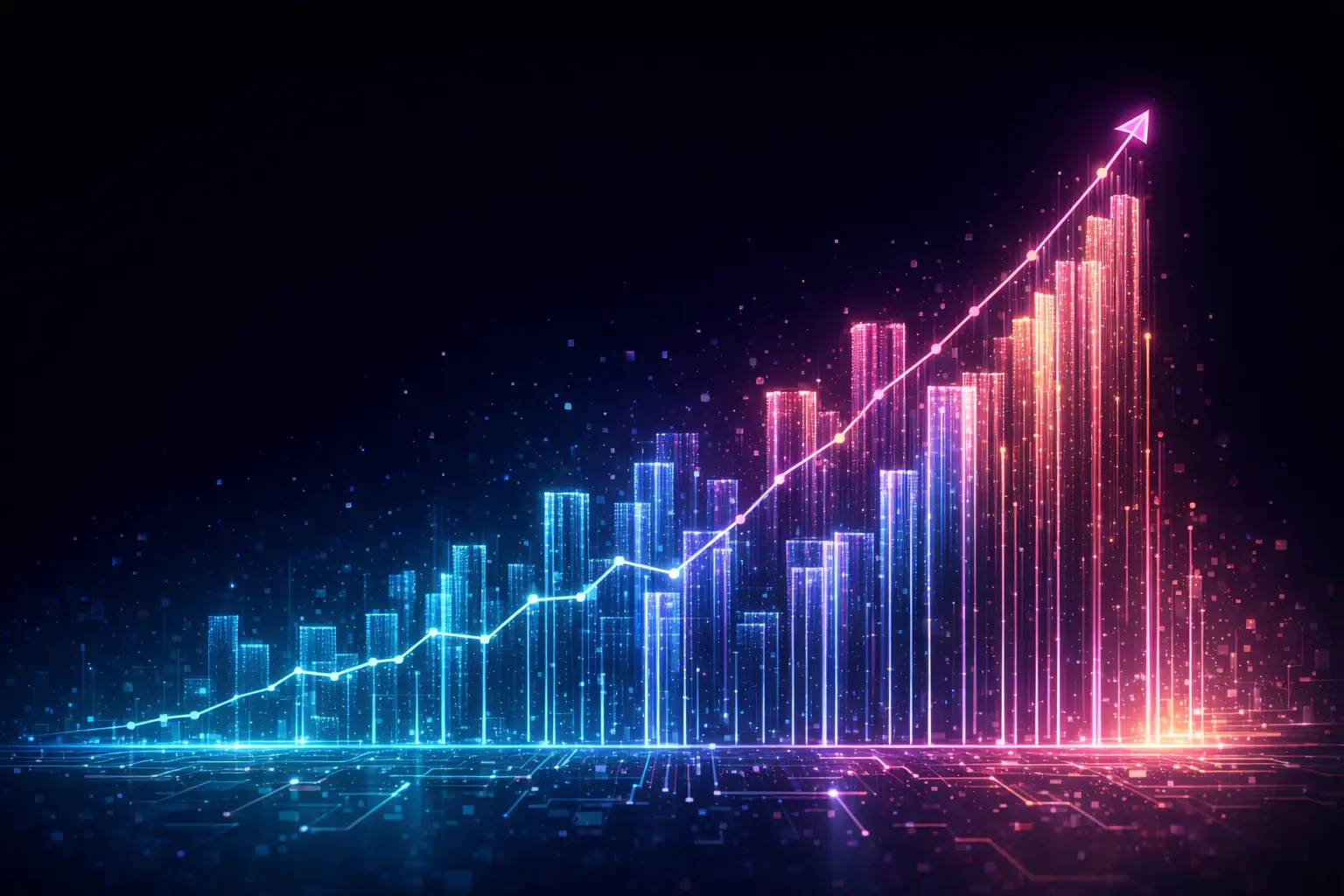 Glowing bar chart with upward trend line transitioning from blue to pink, representing growth metrics on a digital background.
