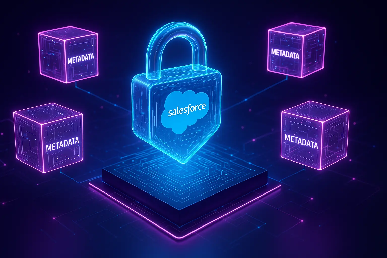 A glowing blue padlock with the Salesforce logo is central, surrounded by four purple cubes labeled "Metadata," suggesting security and data protection.