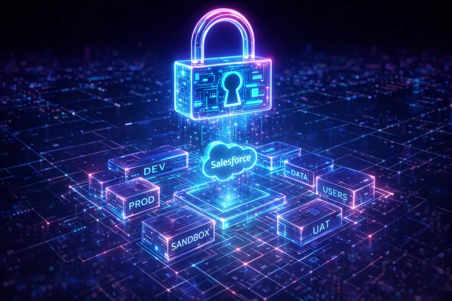 A glowing digital padlock hovers above a cloud labeled "Salesforce," surrounded by neon blocks labeled DEV, PROD, SANDBOX, UAT, DATA, and USERS, symbolizing secure data management.