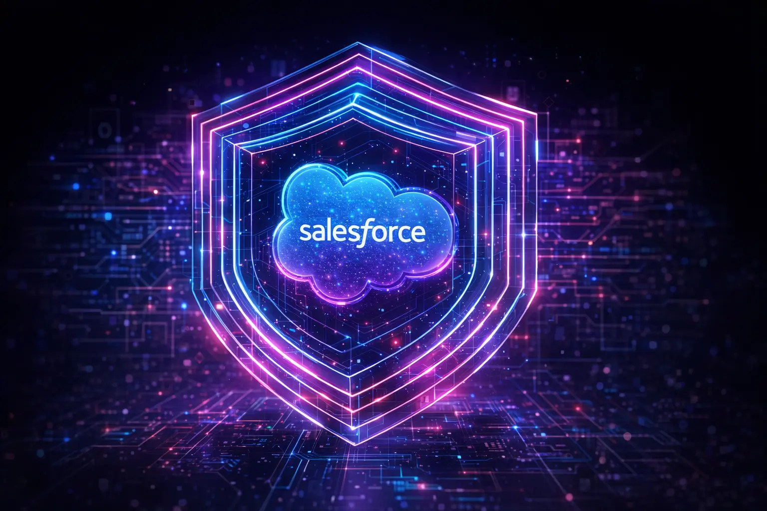 A glowing cloud logo with the word "salesforce" is centered inside a neon shield, set against a dark, circuit-like background, symbolizing digital security.
