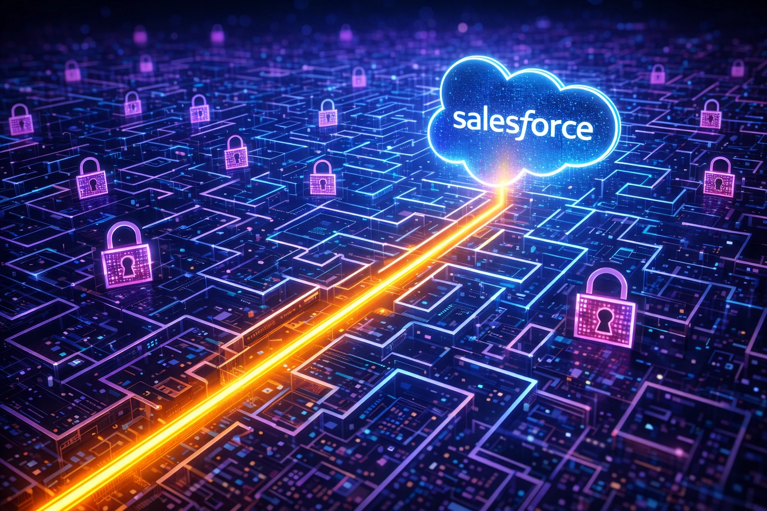 Salesforce cloud logo at the end of an orange pathway through a blue digital maze with purple security padlocks.