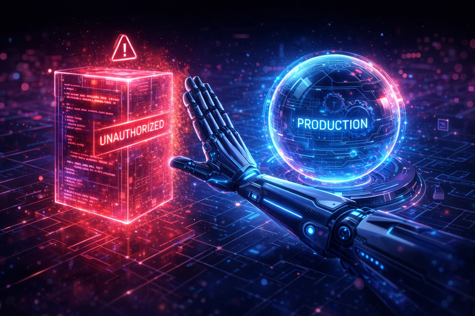 Robotic hand blocking a red Unauthorized warning box while protecting a blue Production sphere on a dark digital background