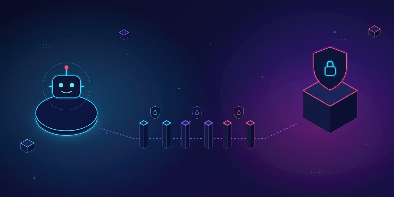 Illustration of an AI agent passing locked gates to a secure vault