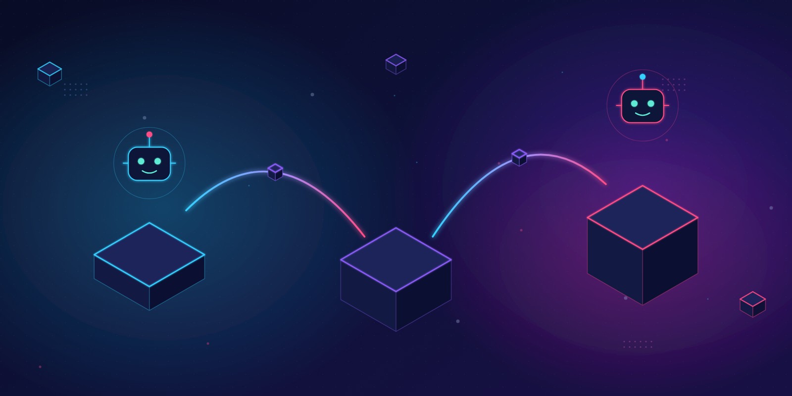 Illustration of an AI agent moving up through three org platforms