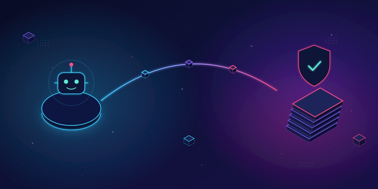 Illustration of an AI agent sending work to a stack of compliance records under a shield