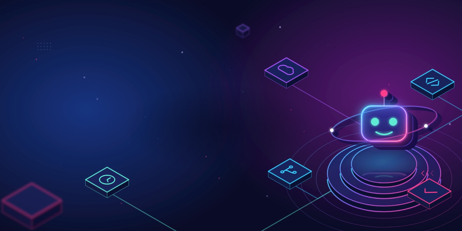 Illustration of an AI agent inside orbit rings, linked to branch, code, cloud and release tiles
