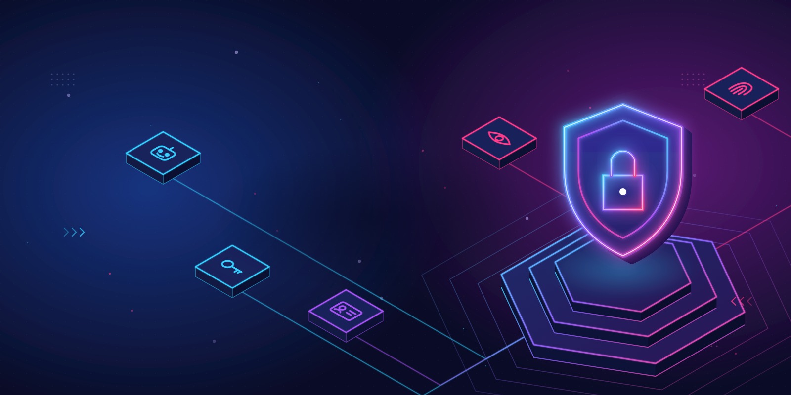 Illustration of a glowing shield with a lock, surrounded by identity, key, fingerprint and agent tiles