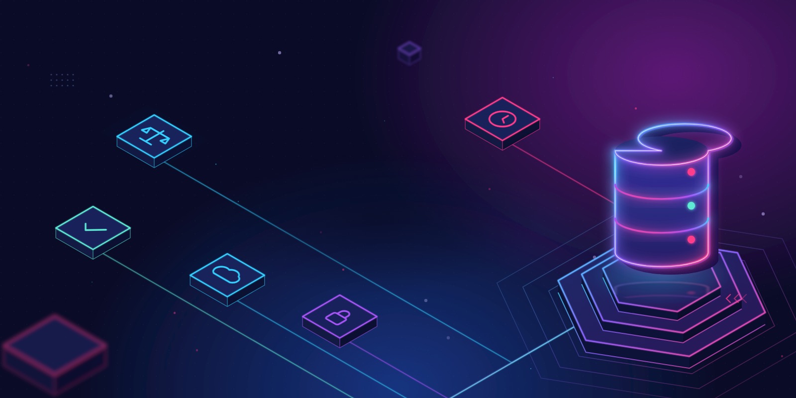 Illustration of a glowing database, linked to comparison, cloud, lock and restore tiles