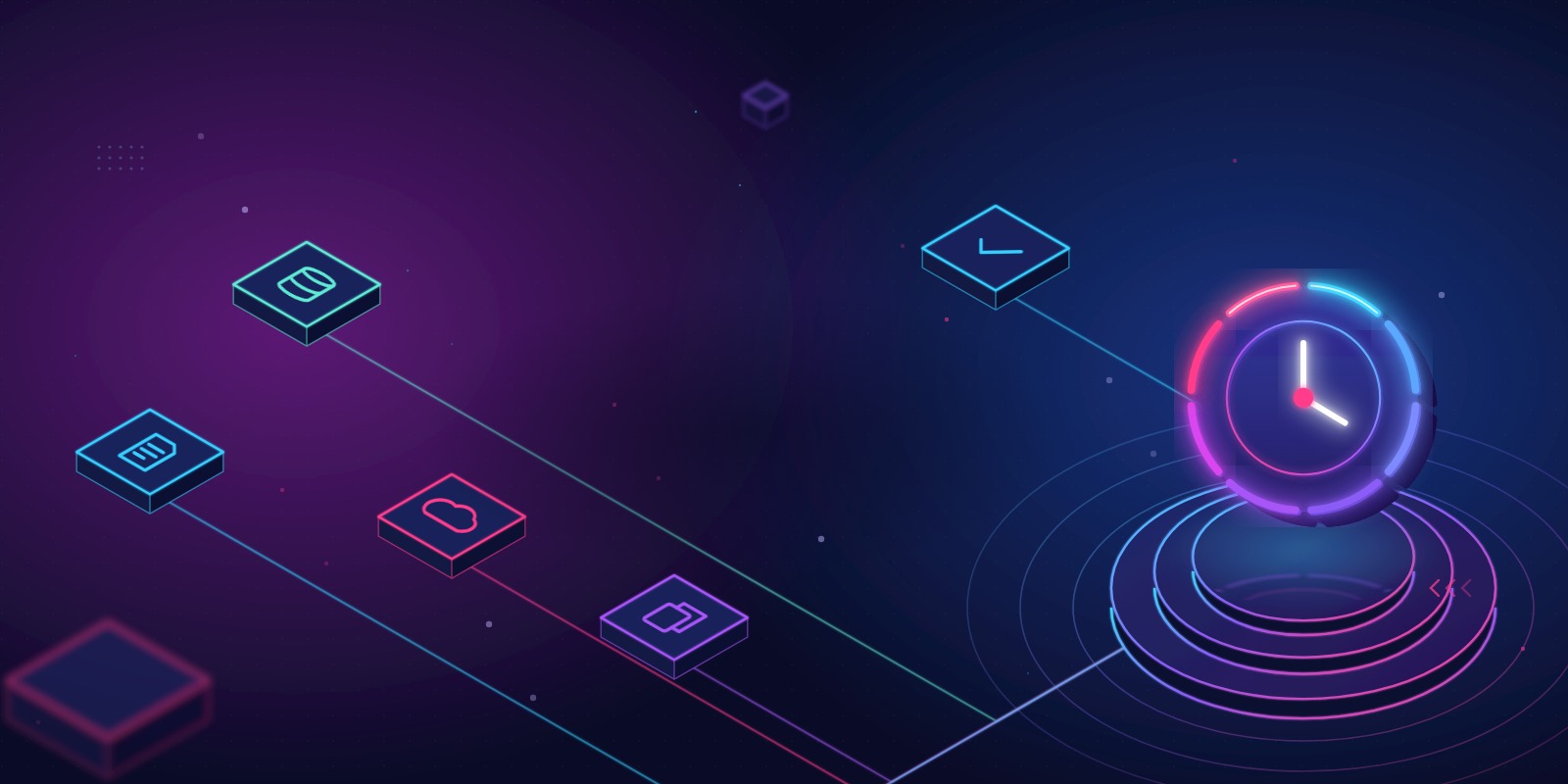 Illustration of a glowing eight-segment clock ring, linked to database, cloud and copy tiles
