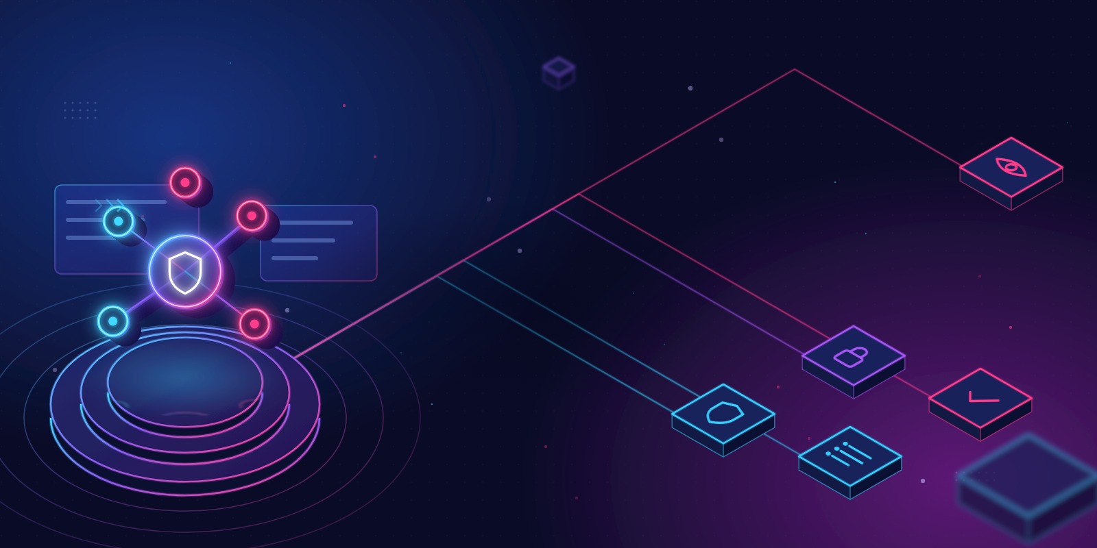 Illustration of a glowing governance hub with connected nodes, linked to shield, list and lock tiles