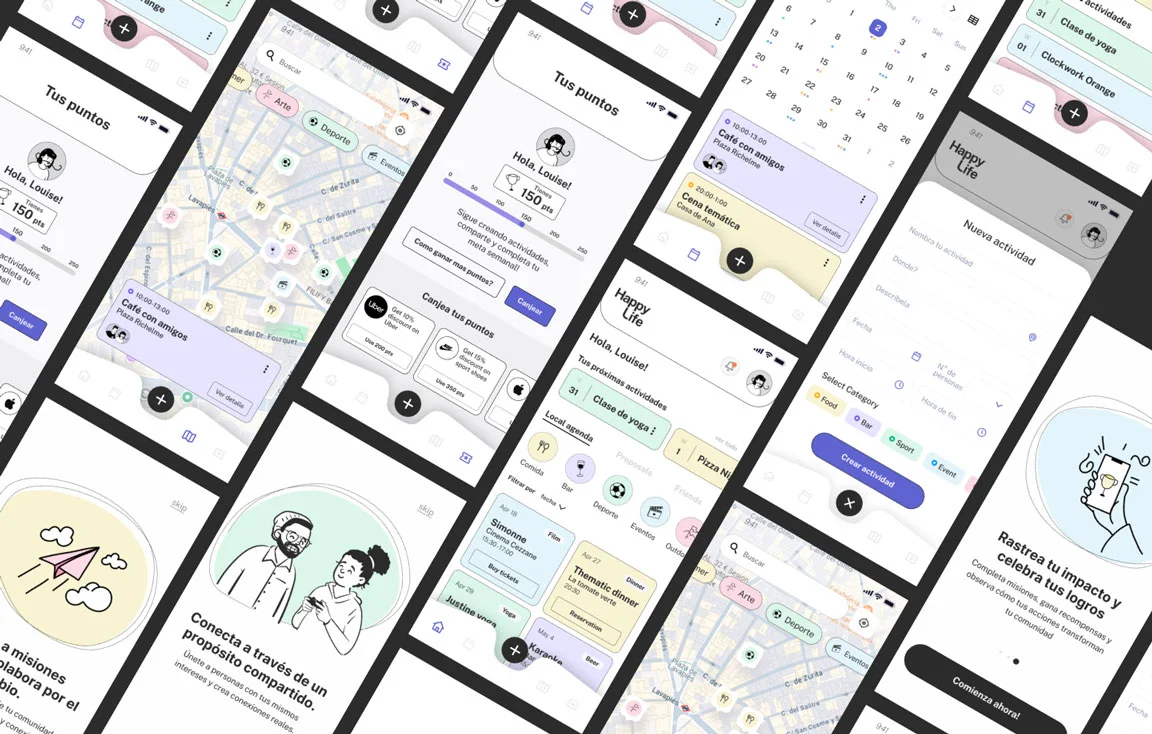 Composición de pantallas UX/UI de Happy Life con mapa, calendario, perfil y sistema de puntos.