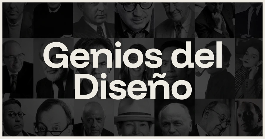 Mosaico en blanco y negro con retratos de diseñadores famosos y el texto "Genios del Diseño" en el centro