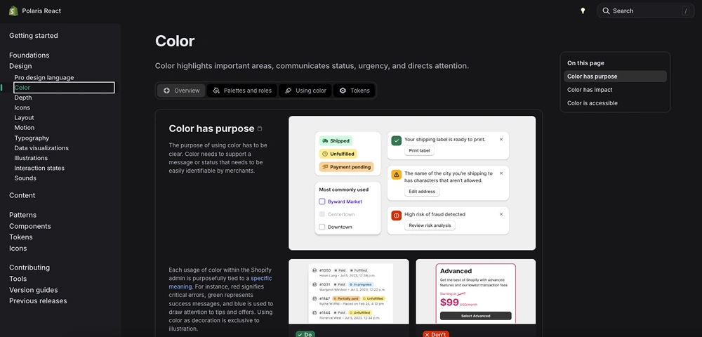 Vista del sistema de diseño Polaris de Shopify, mostrando el uso del color para comunicar estatus e información clara.