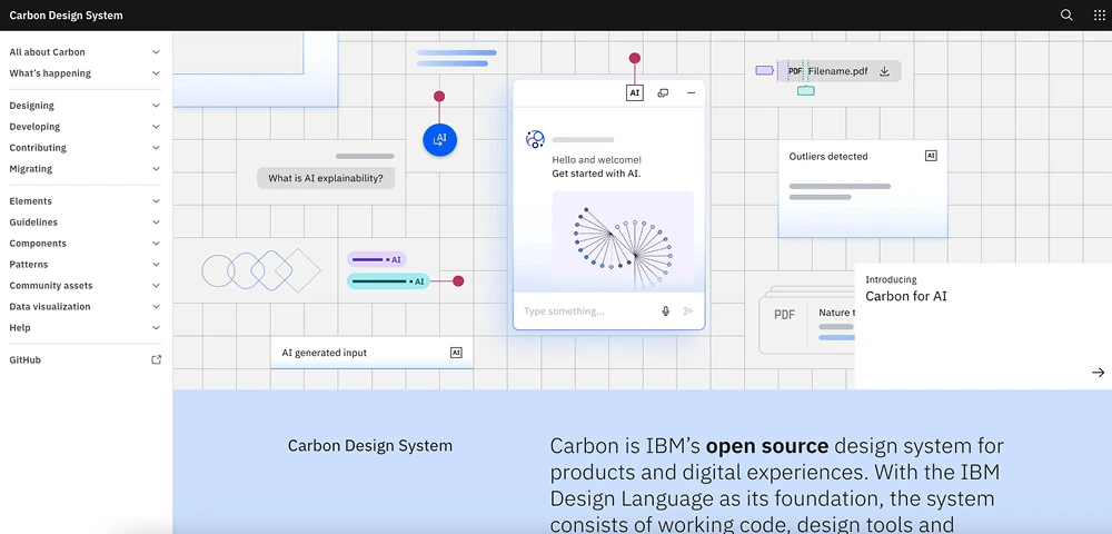 Captura del Carbon Design System de IBM, destacando componentes para productos digitales basados en inteligencia artificial.