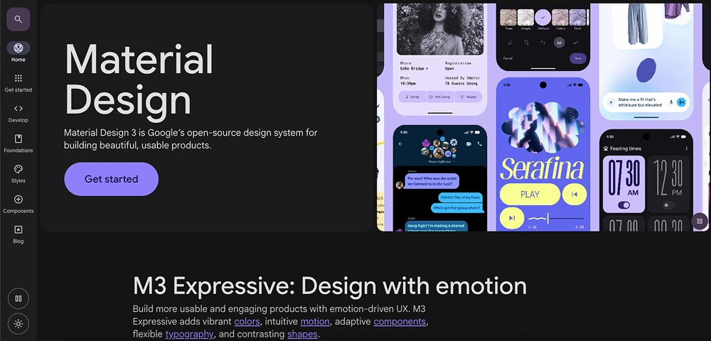 Página principal de Material Design 3 de Google, con ejemplos visuales de interfaces vibrantes y componentes adaptativos.