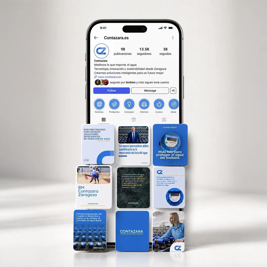 Mockup del perfil de Contazara en redes sociales con publicaciones sobre productos y gestión del agua.