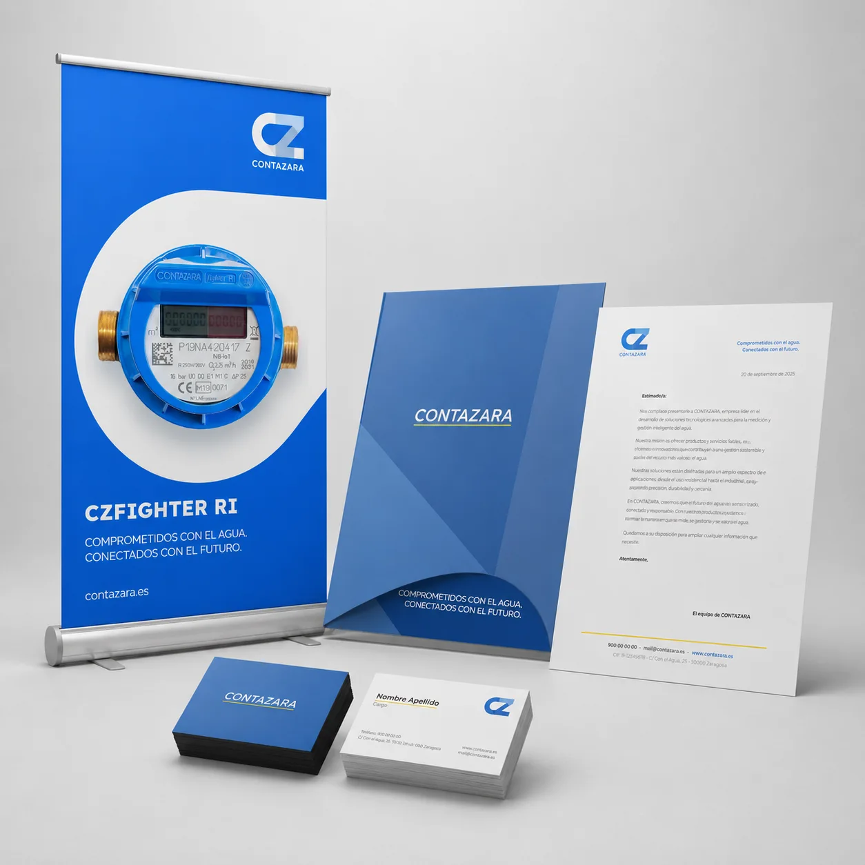 Papelería, packaging y materiales comerciales diseñados para la nueva identidad de Contazara.