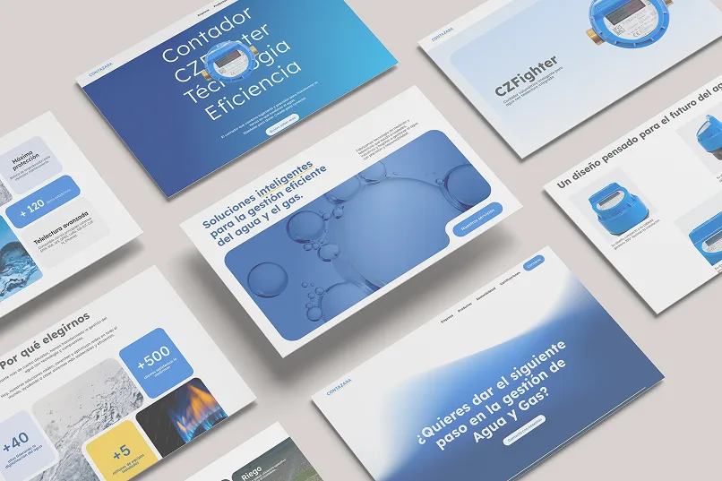 Aplicaciones de la identidad visual de Contazara en piezas digitales, publicaciones y materiales corporativos.