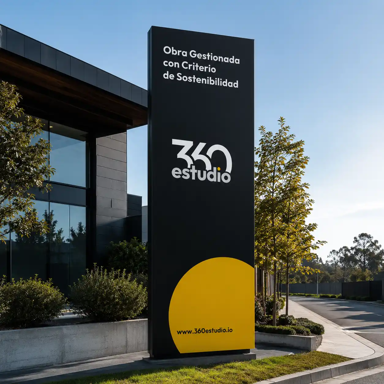 Señal corporativa de 360estudio instalada en el exterior de un edificio.