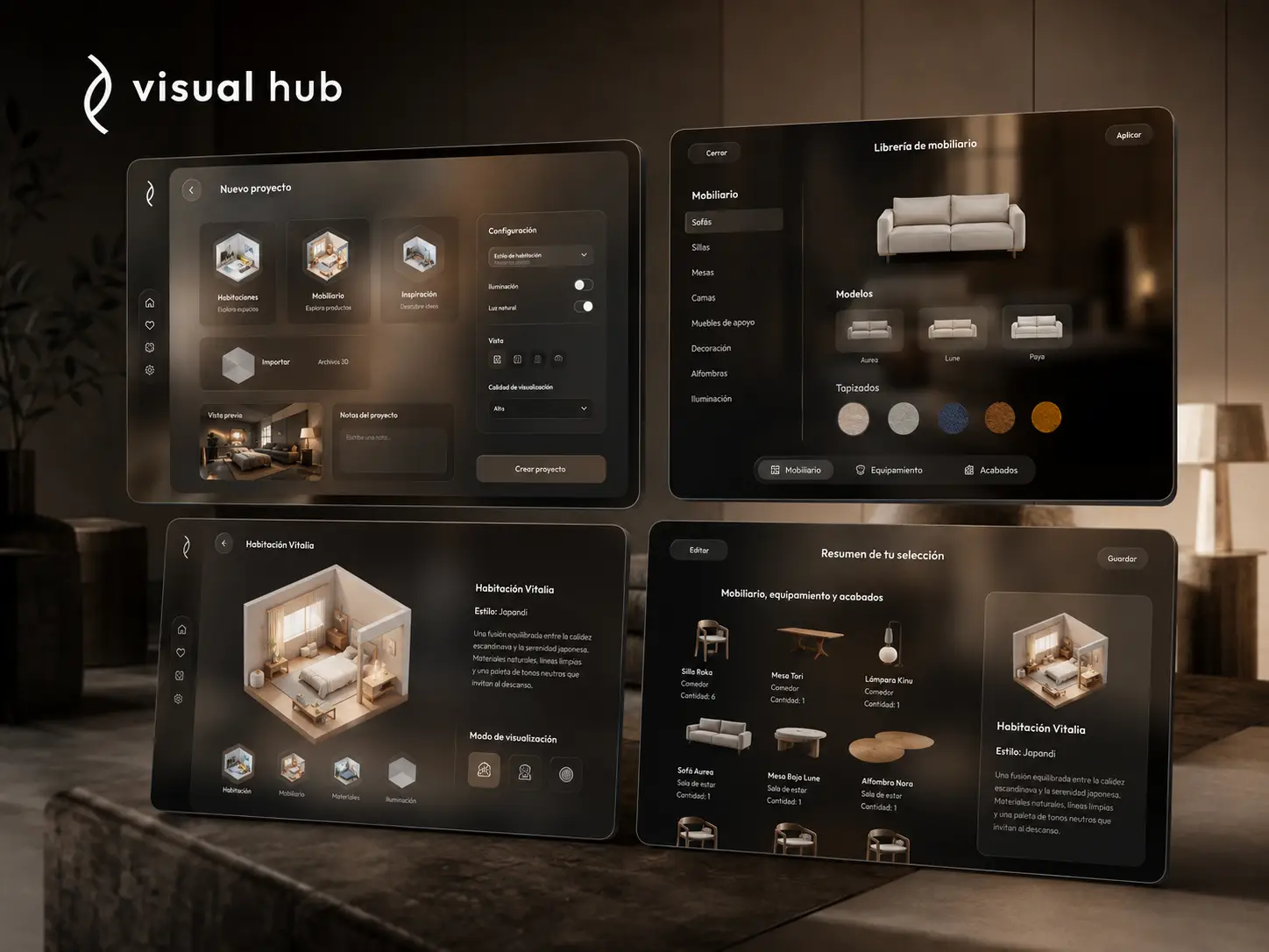 Conjunto de pantallas de Visual Hub para la personalización de proyectos arquitectónicos en realidad aumentada.