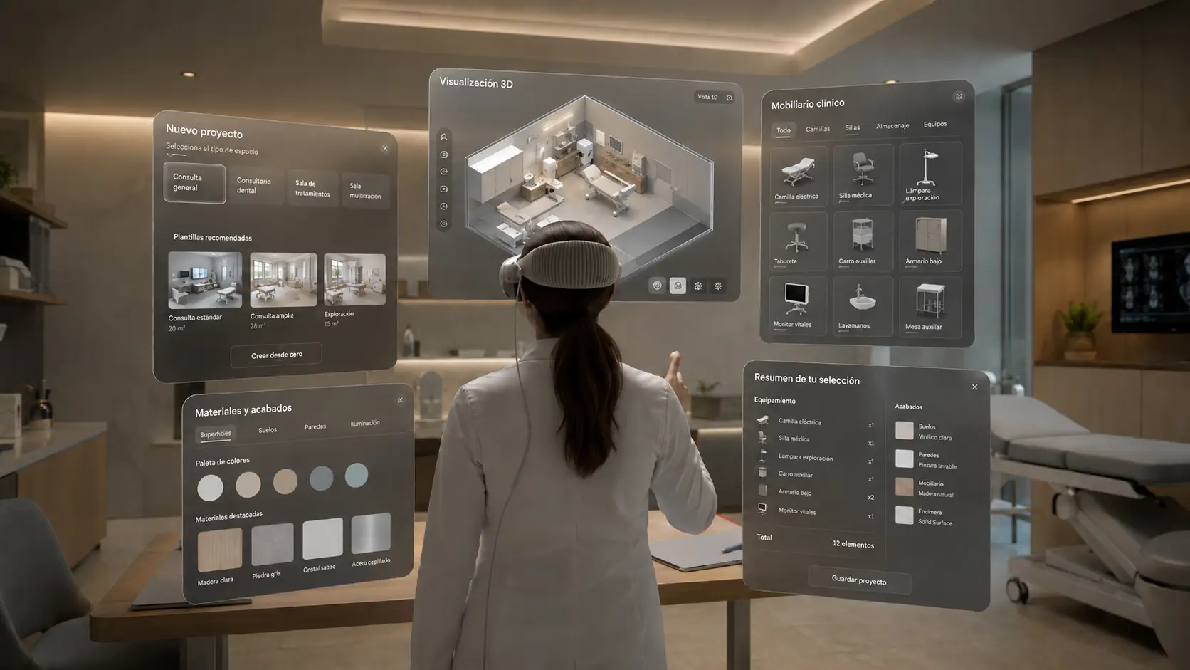 Profesional utilizando Visual Hub con un visor de realidad aumentada para configurar un espacio sanitario.