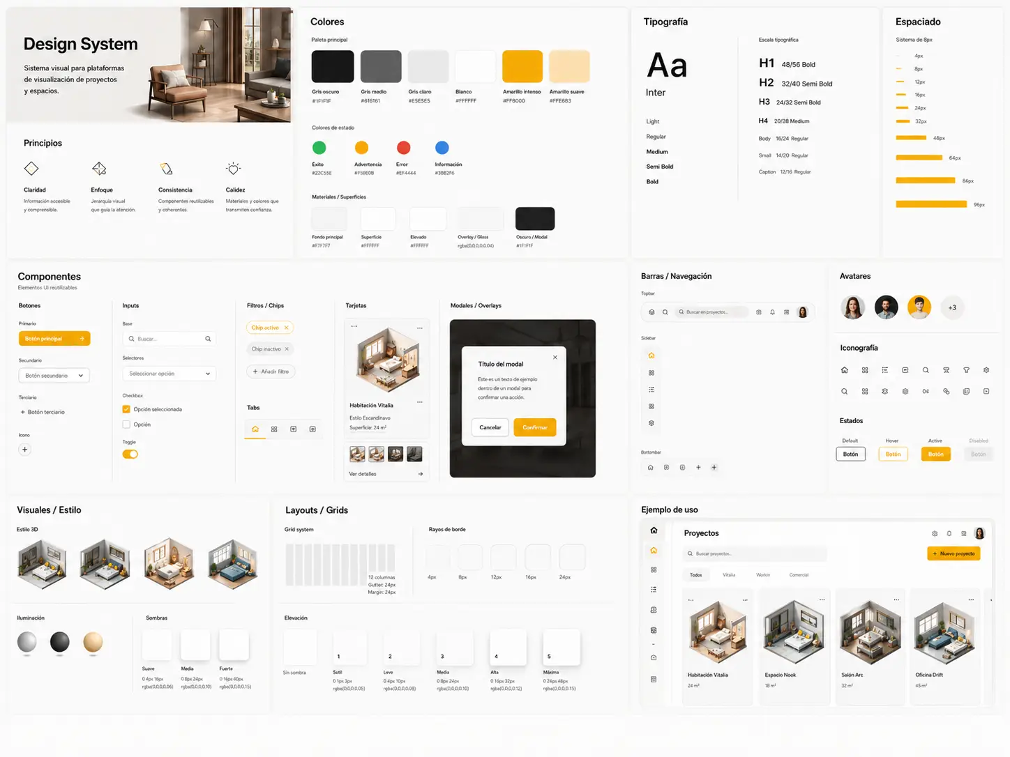 Design system de Visual Hub con colores, tipografías, componentes y patrones de navegación.