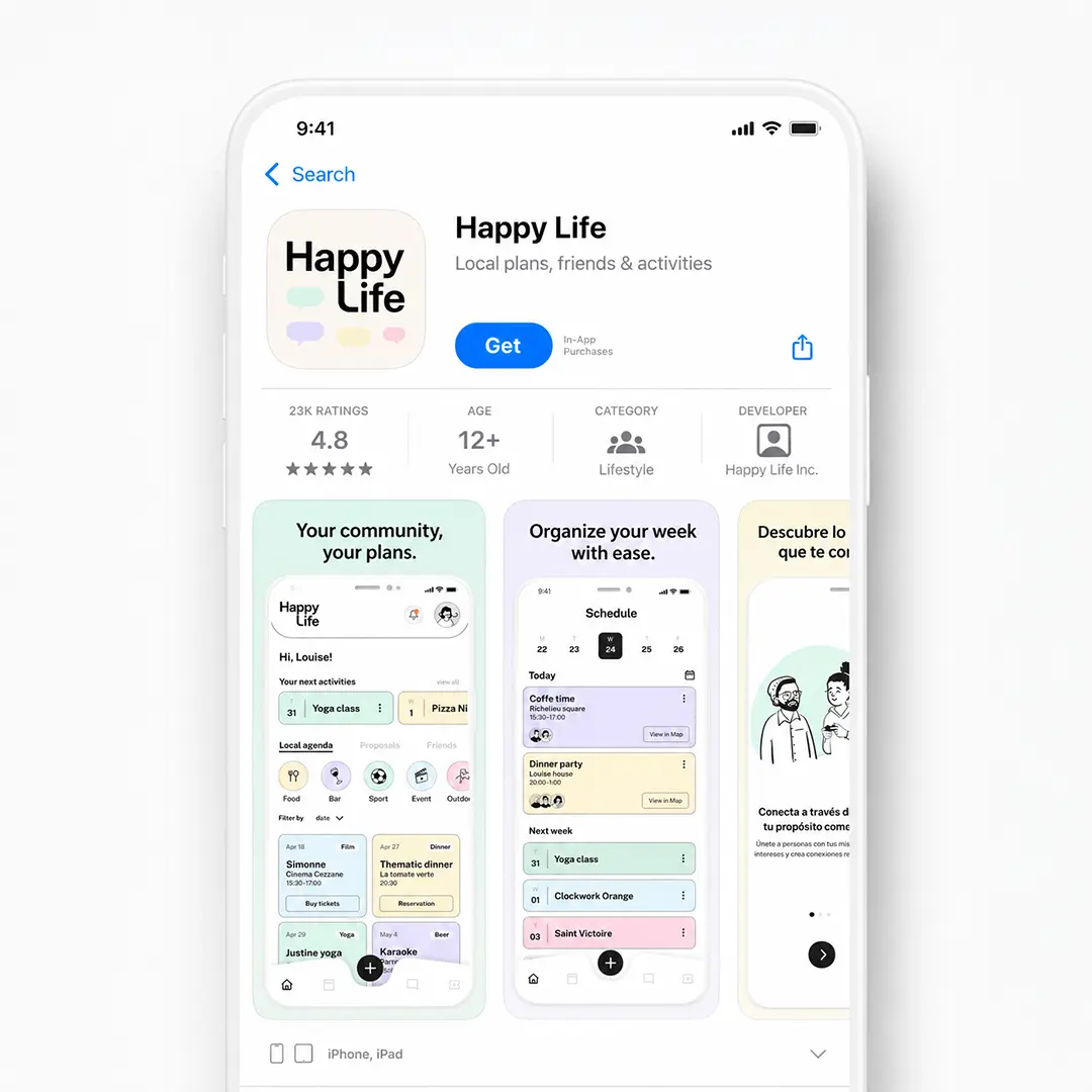 Ficha de Happy Life en la App Store con capturas de la aplicación y valoración de usuarios.