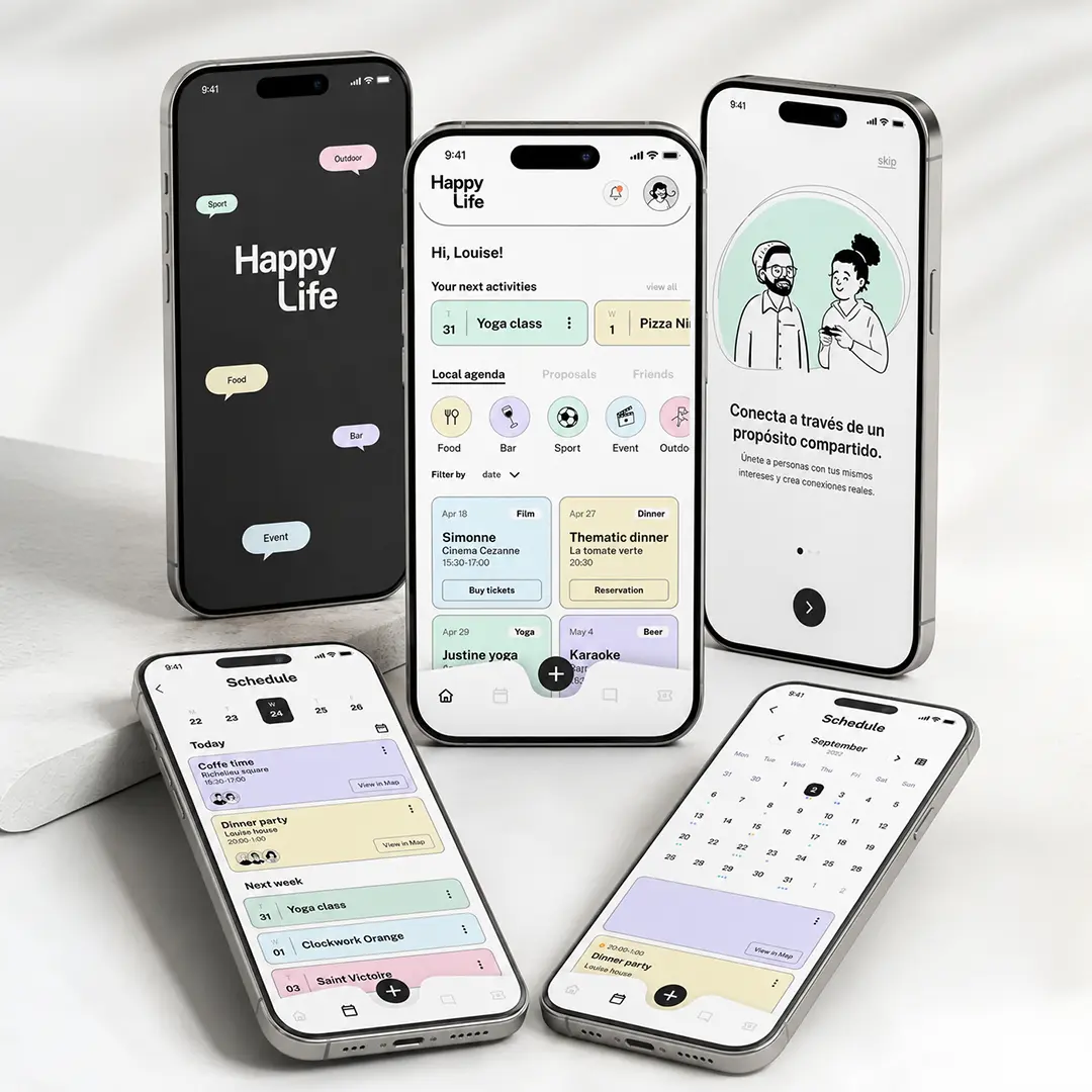 Mockup de varios dispositivos móviles mostrando las principales pantallas de Happy Life.
