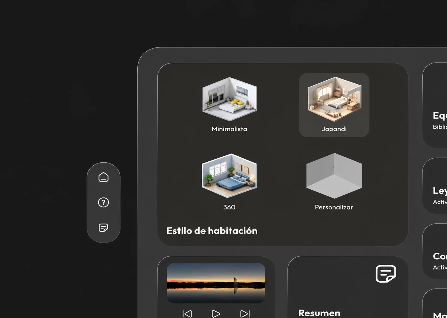 Interfaz de Visual Hub para seleccionar estilos y espacios arquitectónicos en realidad aumentada.