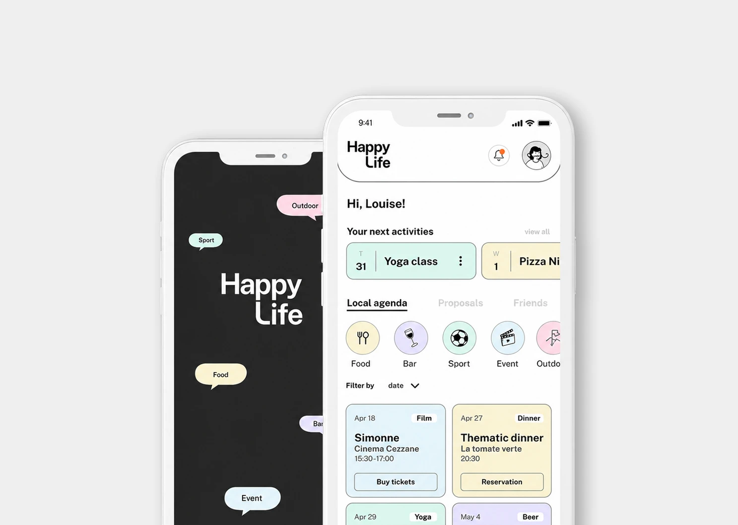 Mockup de la aplicación Happy Life con pantallas de agenda, actividades y planes sociales.