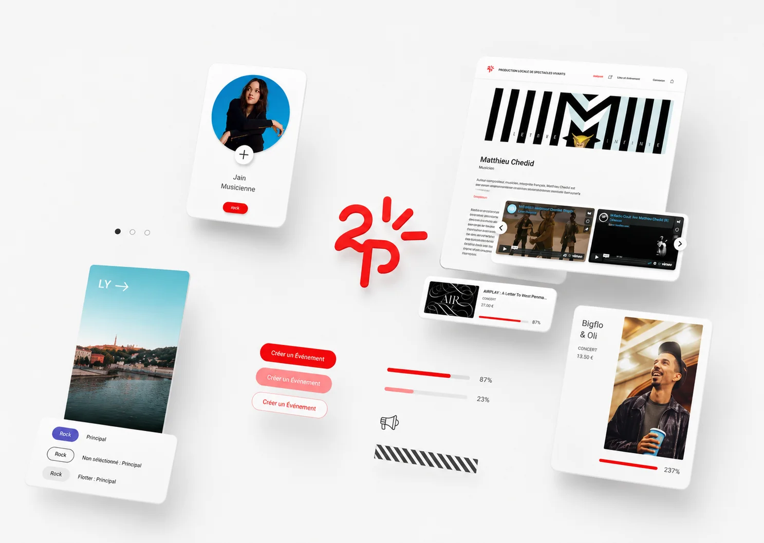 Composición visual de la identidad digital de A2PAS con logotipo, perfiles de artistas, páginas web, tarjetas de eventos y componentes de interfaz.