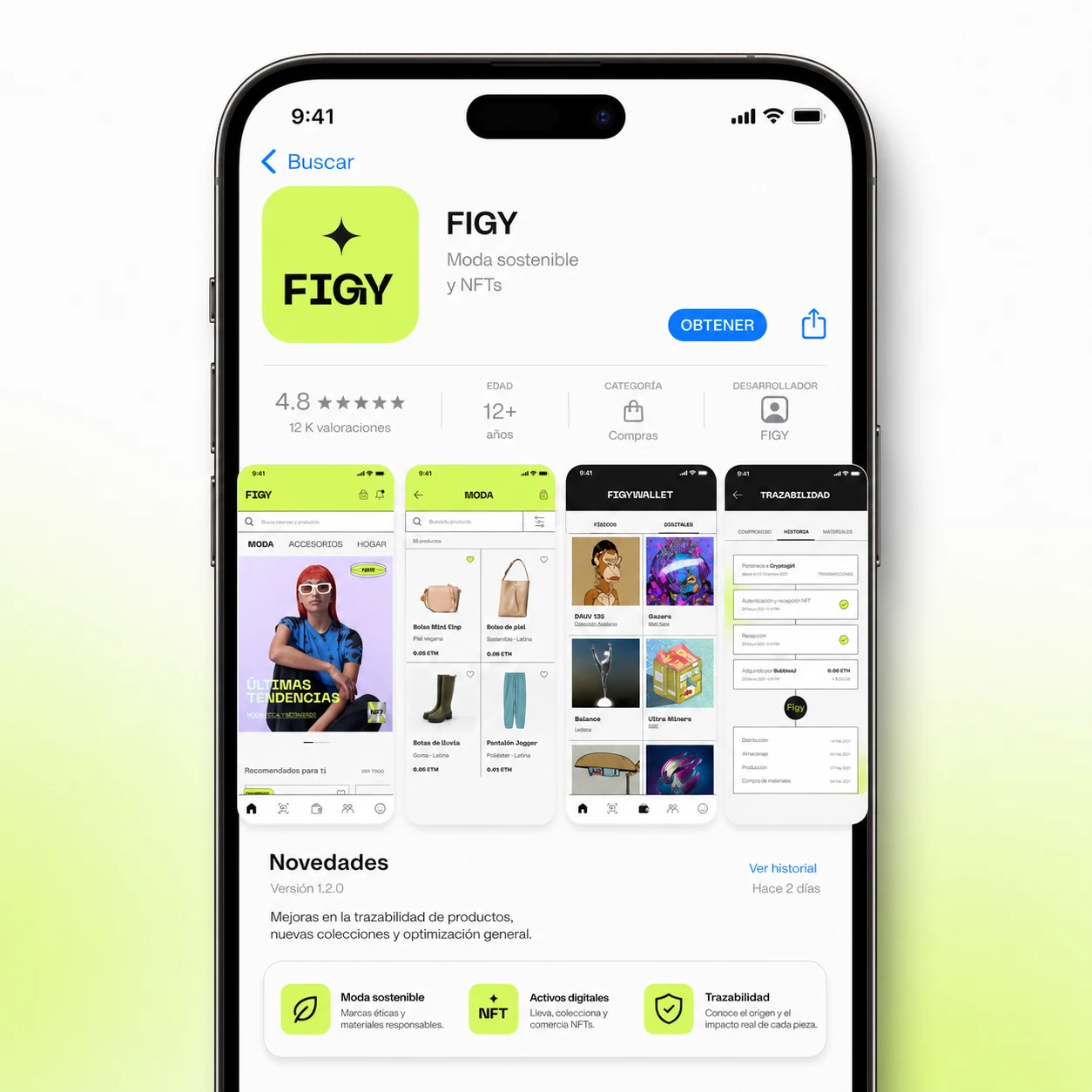 Ficha de descarga de la aplicación FIGY en la App Store en la pantalla de un smartphone, destacando las funciones de moda sostenible, activos digitales y trazabilidad de productos.