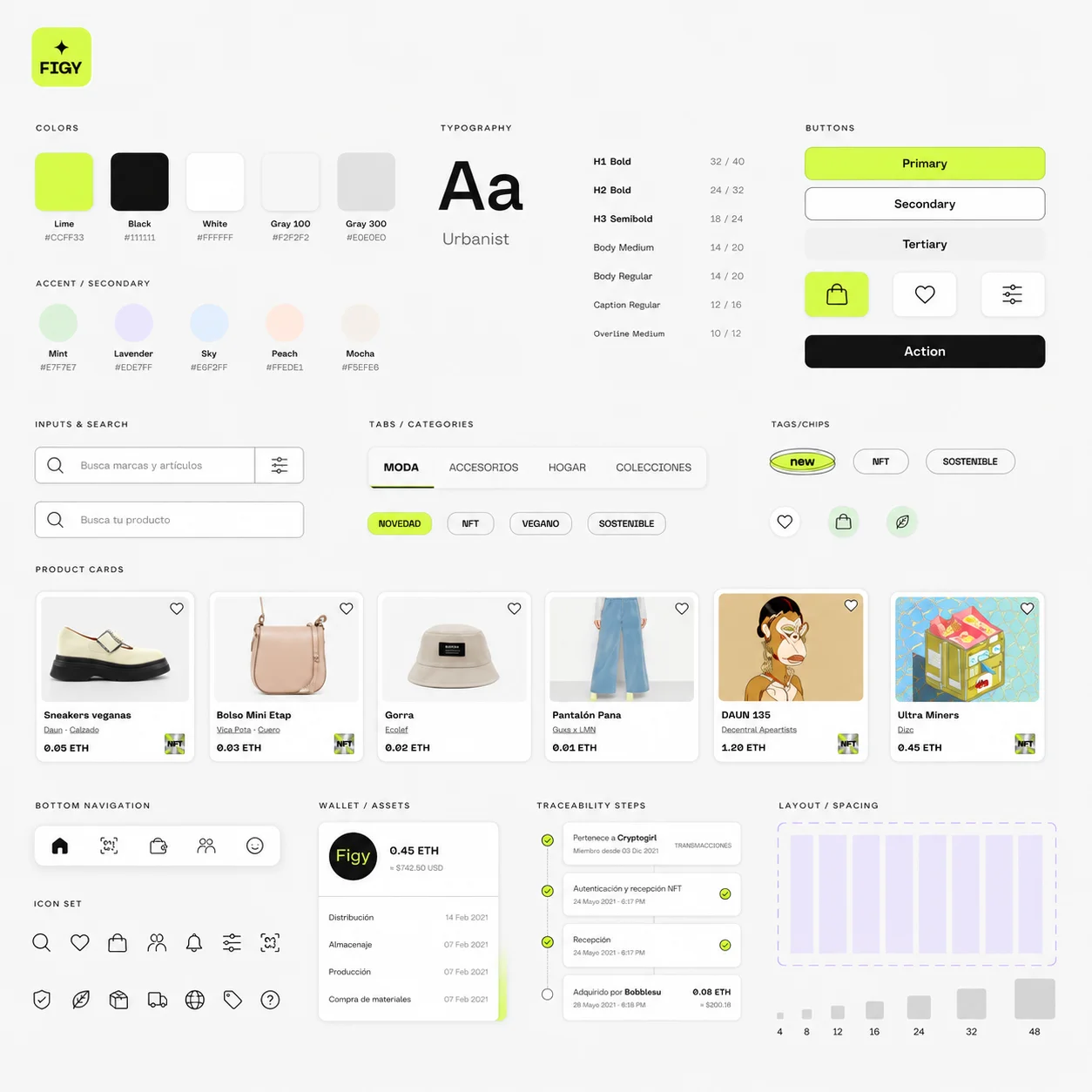 Sistema de diseño UI para la aplicación FIGY, que incluye paleta de colores, tipografía Urbanist, componentes de botones, barras de búsqueda, fichas de productos y menús de navegación.
