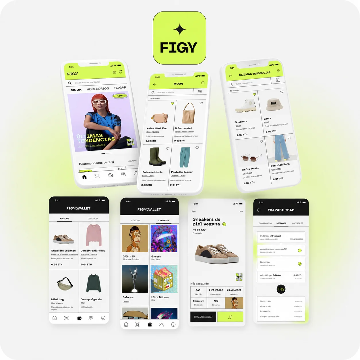 Colección de seis pantallas flotantes de la app FIGY sobre fondo verde claro, mostrando la tienda de moda, el catálogo de productos con precios en Ethereum, el Figy Wallet y la trazabilidad del producto.