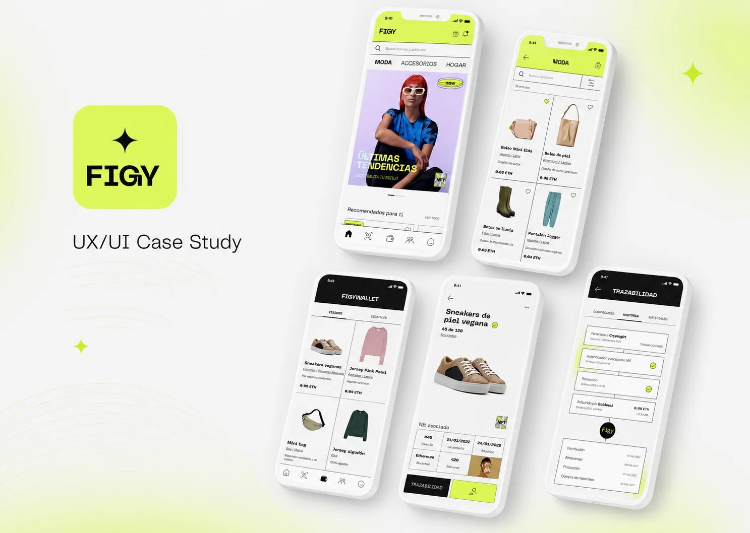Portada del caso de estudio UX/UI de FIGY con el logotipo sobre fondo verde lima a la izquierda y maquetas en abanico de cinco pantallas de la aplicación móvil de moda sostenible y NFTs.