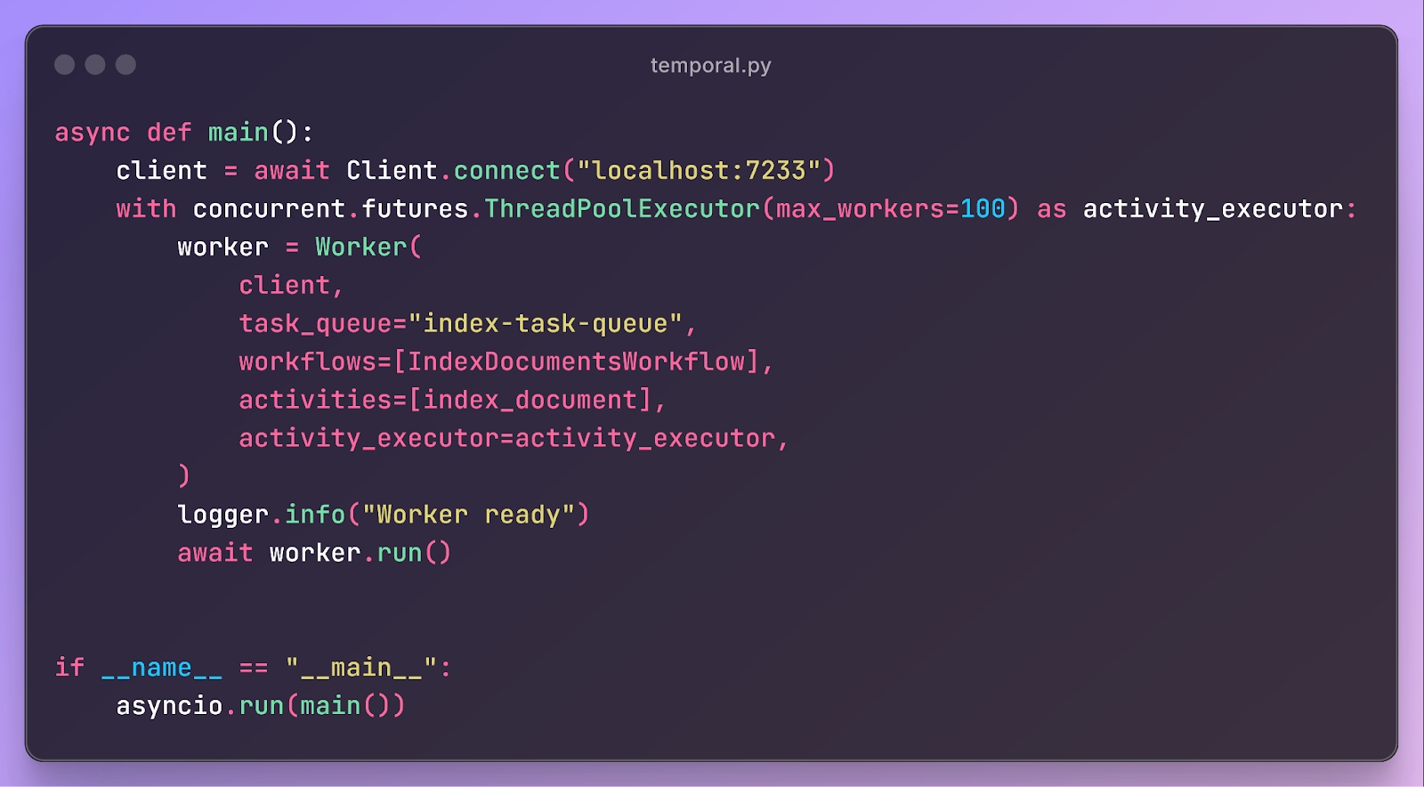 Temporal durable execution worker code sample