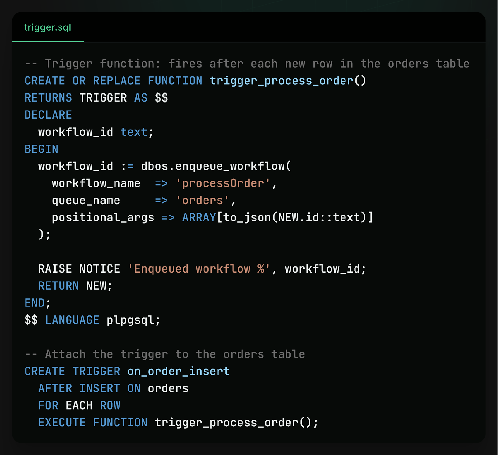 Invoking a durable workflow via a Postgres trigger