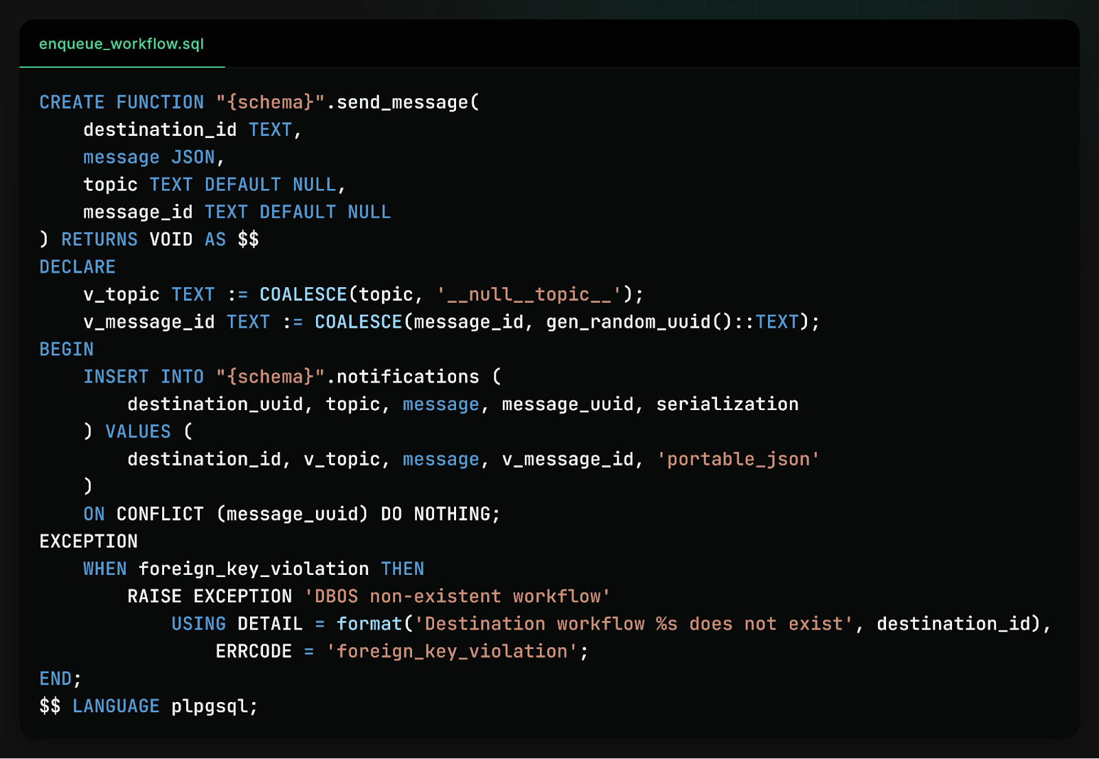 Sending a message to a durable workflow via a PostgreSQL UDF