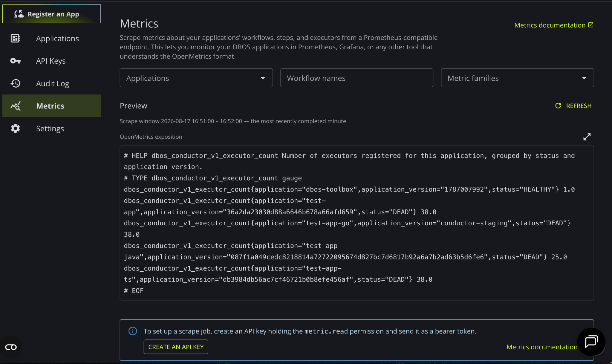 DBOS Condictor - OpenMetrics preview page