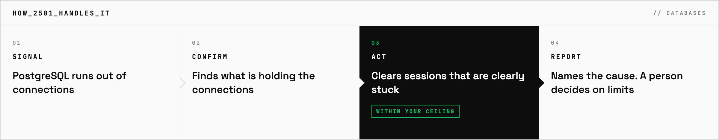 How 2501 handles PostgreSQL running out of connections: signal, find which accounts and sessions hold the connections, clear sessions that are clearly stuck within your rules, name the application behind it and leave raising the limit to a person