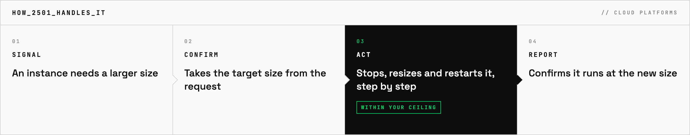 How 2501 handles an instance resize: signal, take the target size, stop, resize and restart it within your rules, report once it runs at the new size